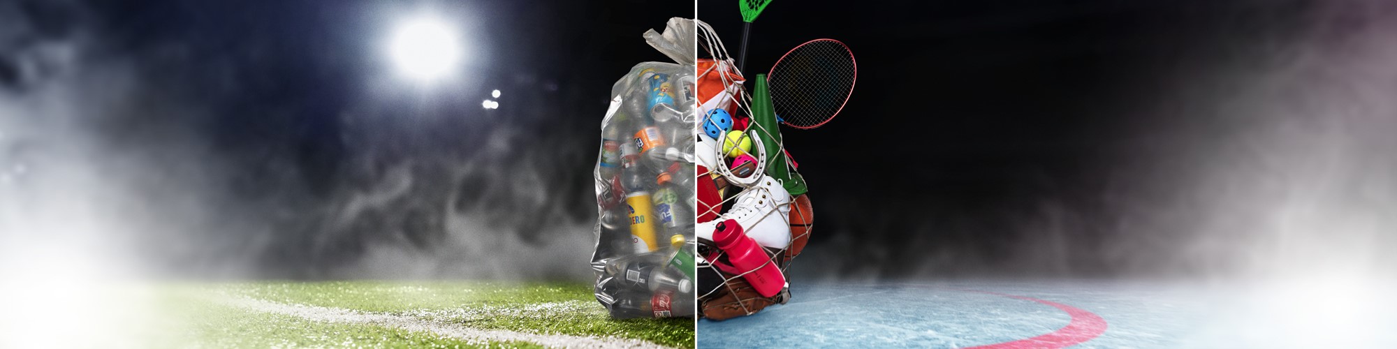 Fotomontage där en säck med pant och en säck med sportutrustning är en och samma